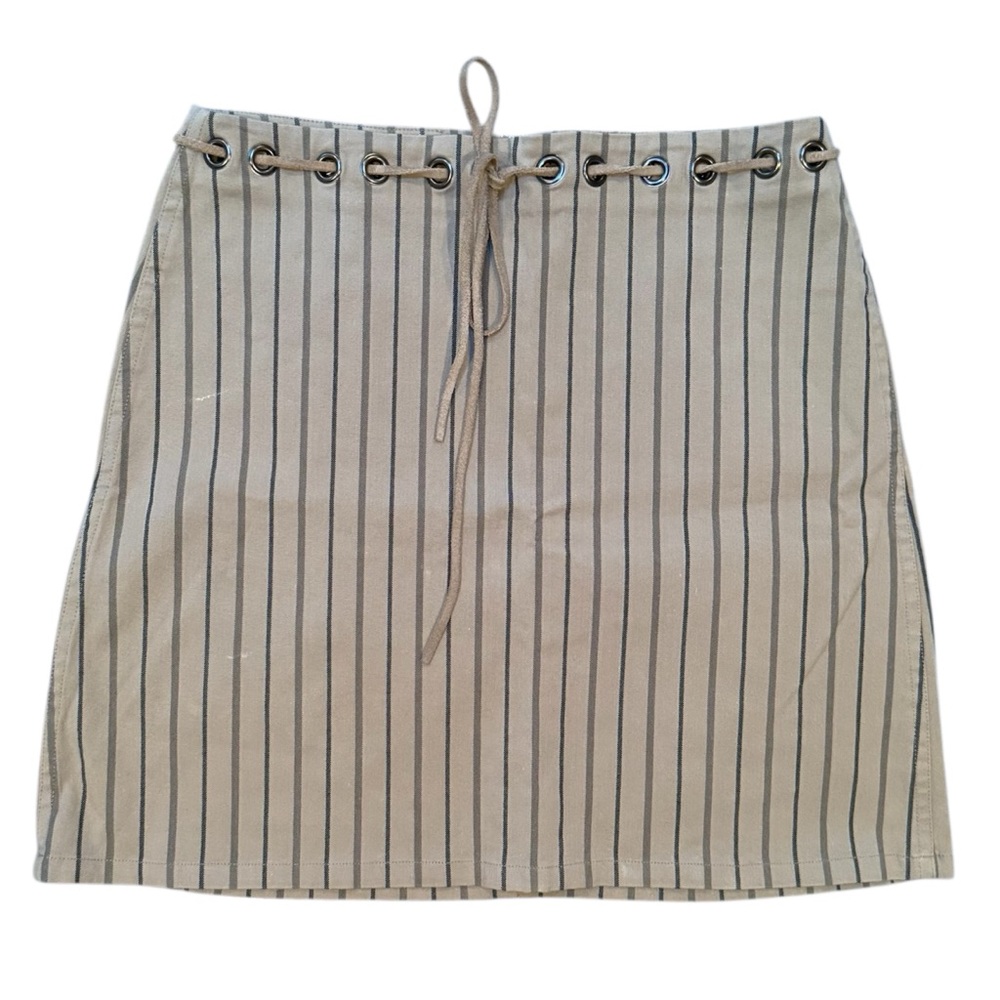 Vintage 90s Y2K Ideology Striped Beige Mini Skirt Tie Waist Grommet Detail Size4